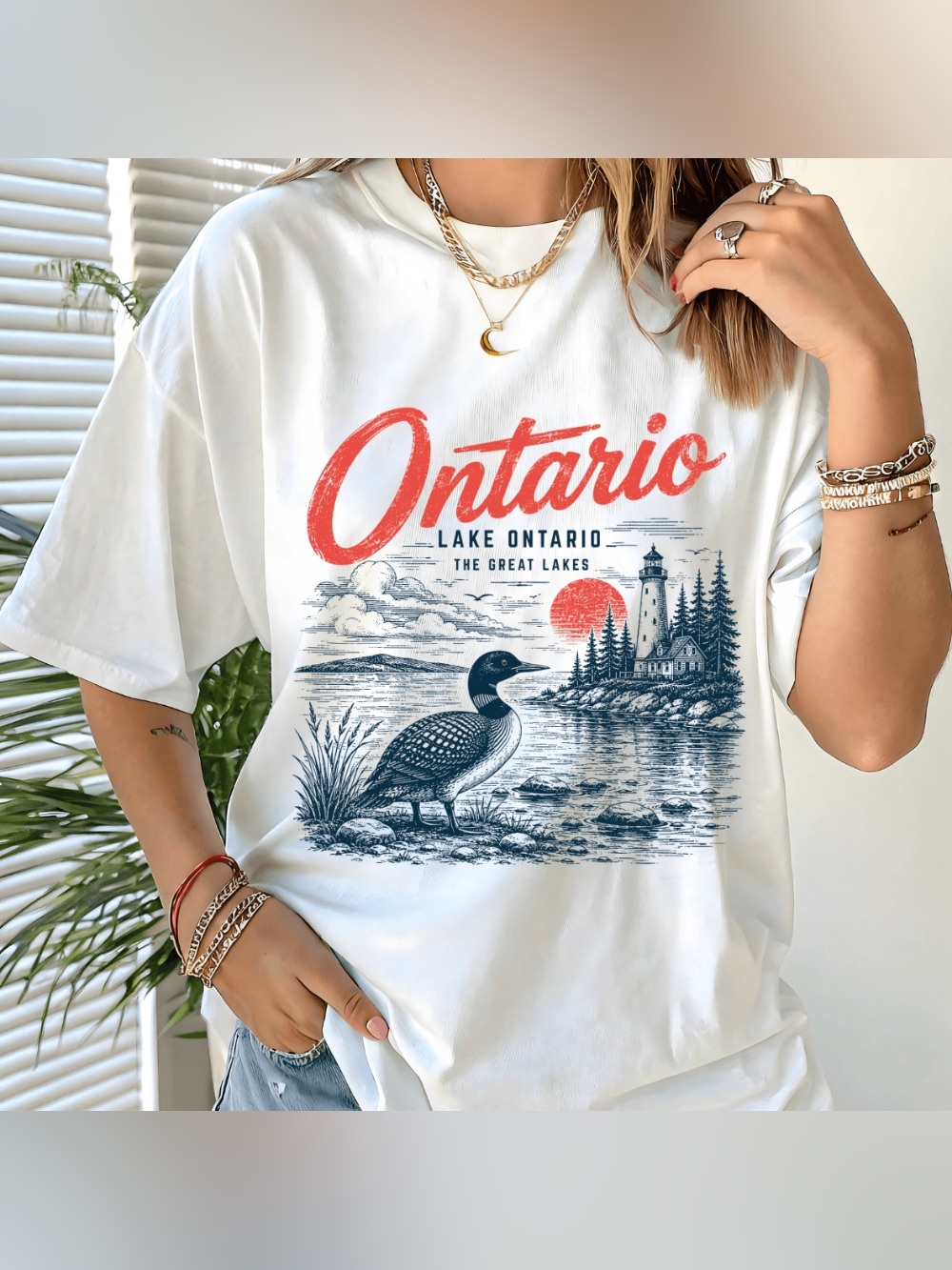 Lake Ontario Vintage Loon Lighthouse Graphic Tee, Great Lakes Wildlife Nature